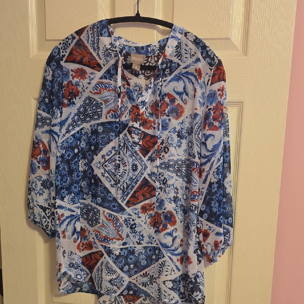 Chico's Blue and Red Floral Patchwork‎ Blouse